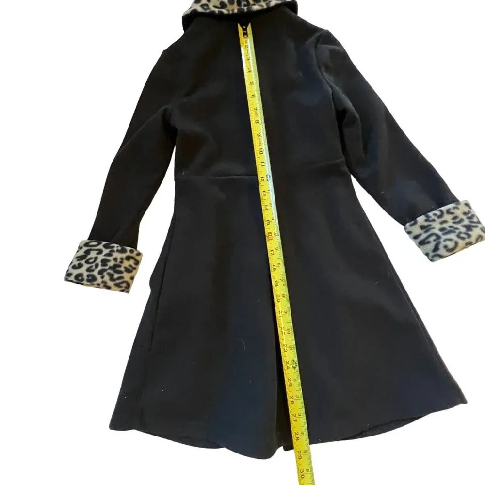 Vtg Copper Key Soft Black Coat Faux Fur Leopard Trim Size 7/8 Buttons Pockets - Picture 6 of 13